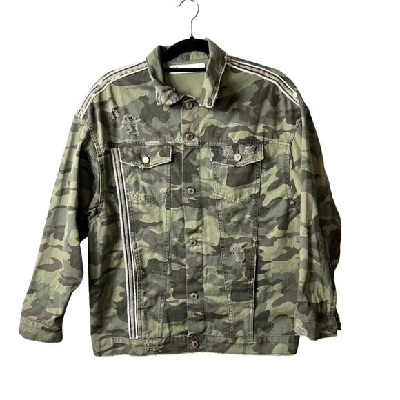 Zara denim camouflage embroidered sequin button up jacket women’s size small‎ - Picture 1 of 9